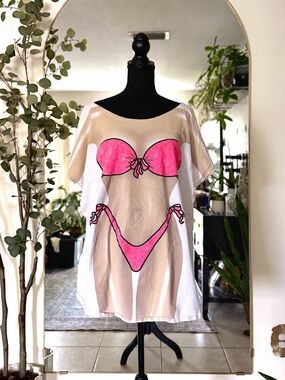 Y2K Hot Pink Bikini Illusion Beach Cover Up Tunic Swim Dress OS